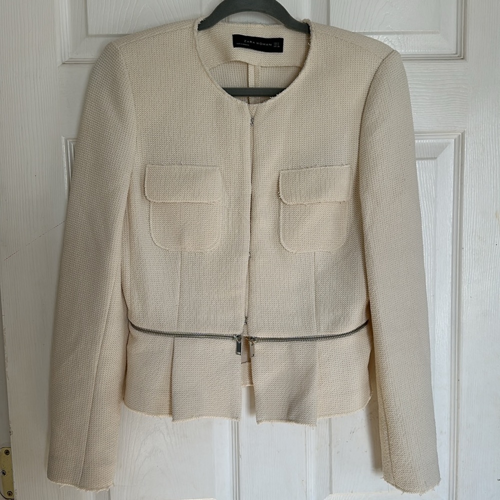 Zara jacket removable Woven Knit Peplum hem tweed blazer size Medium - Picture 5 of 10
